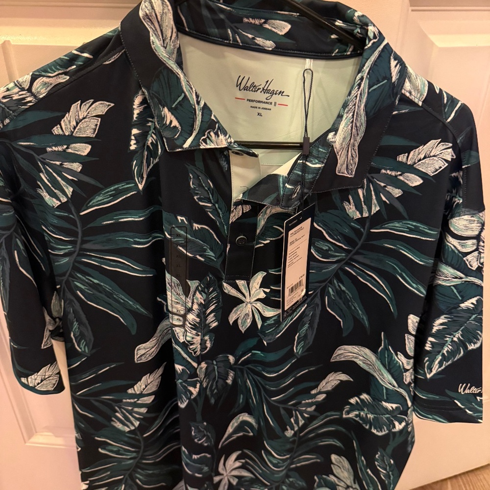 Size XL NWT Walter Hagan Golf Polo Shirt Blue Green Floral Print